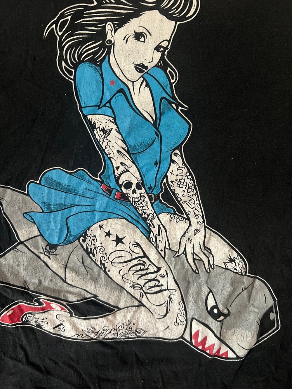 Black Men’s Graphic Tee with Blue Pin-Up Illustration - Picture 2 of 4